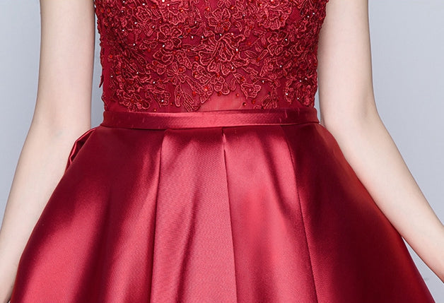 Burgundy lace satin short homecoming dress party dress - View 3 | FashionDia