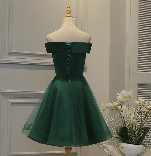 Lovely Off-the-Shoulder Green Short Satin Party Dress With Lace Applique, Green Homecoming Dresses - View 3 | FashionDia
