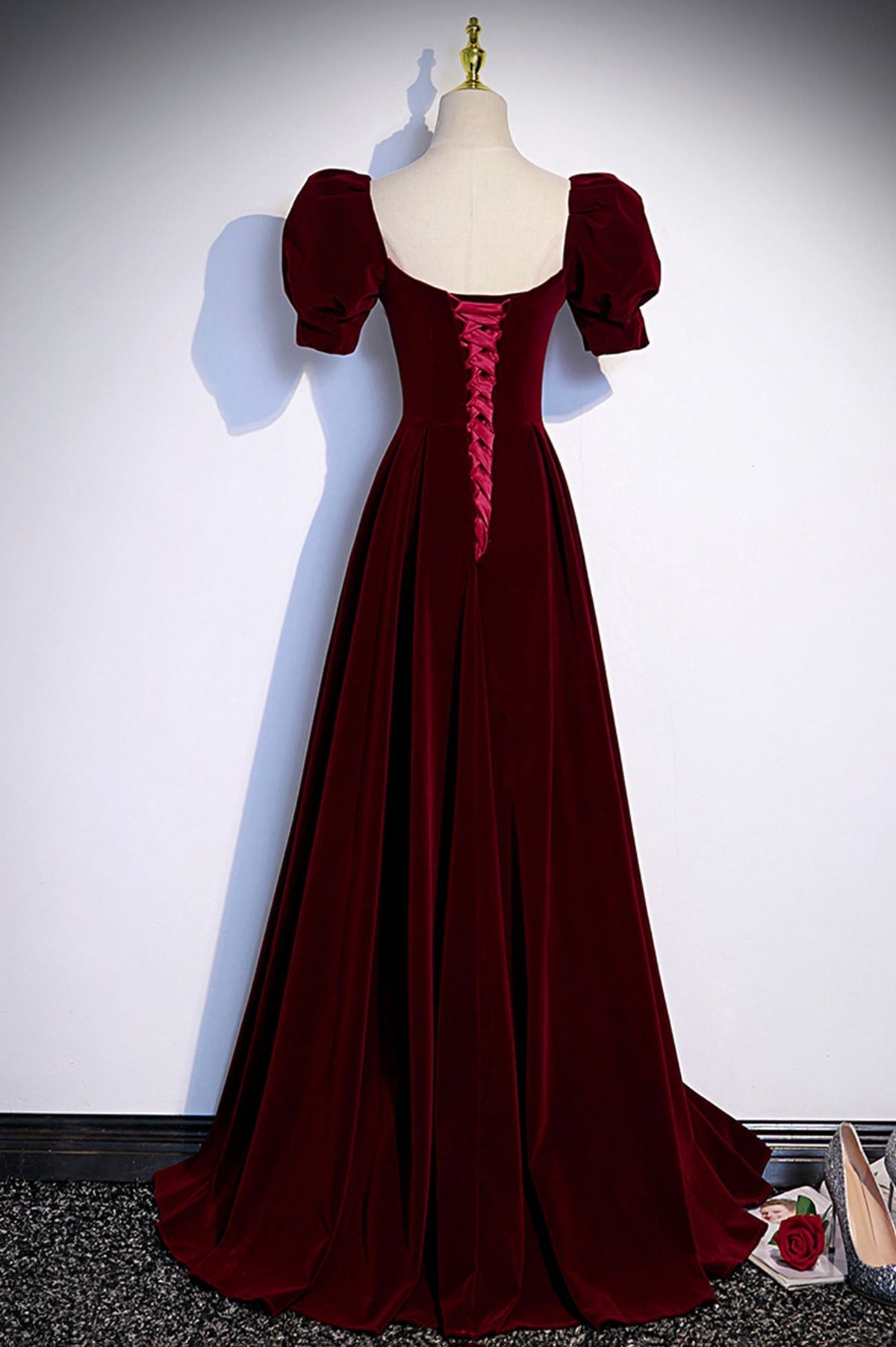 Burgundy velvet long prom dress evening dress s88 - View 3 | VelvetHem