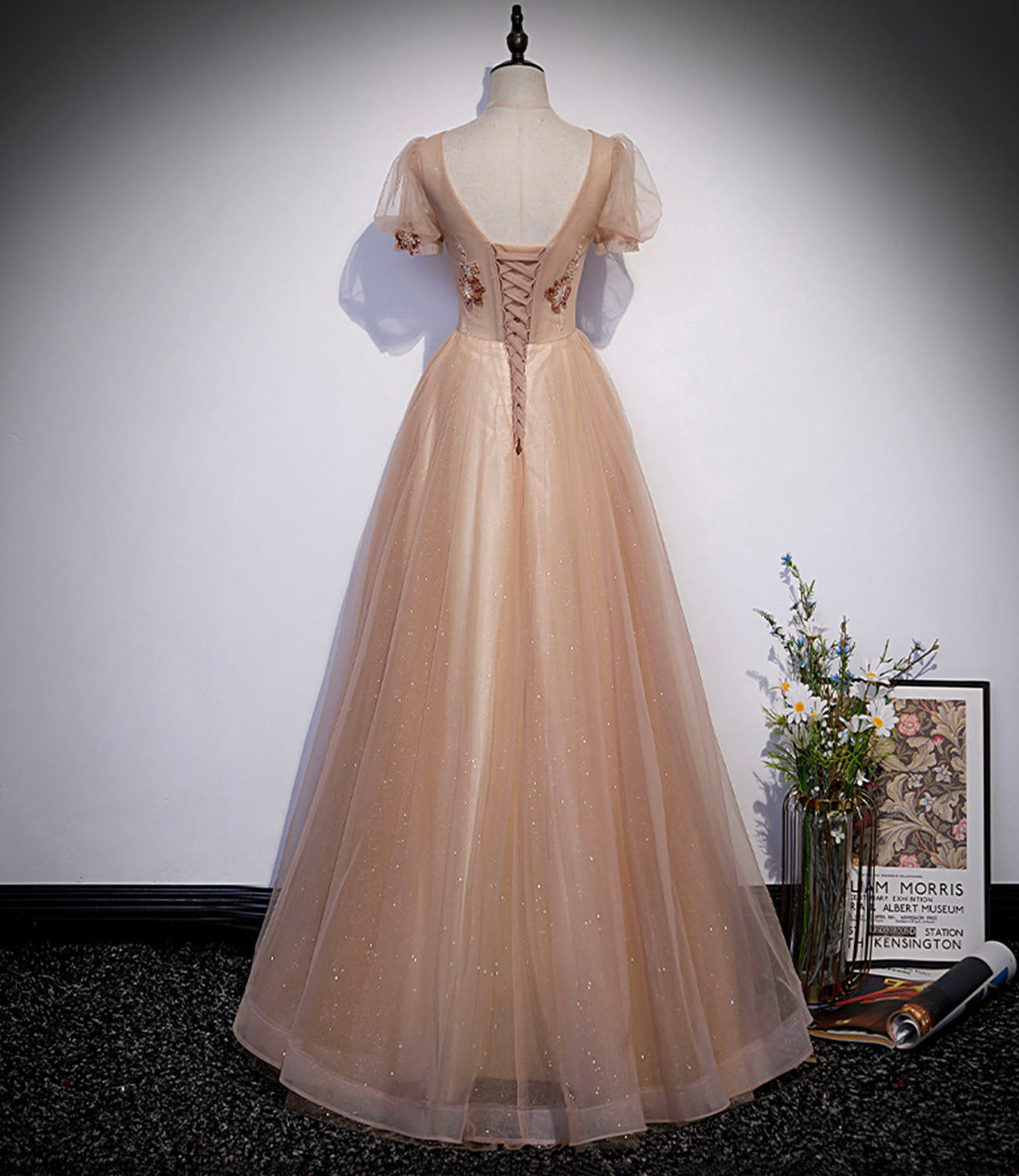 Cute tulle beads long prom dress A line evening gown s63 - View 3 | VelvetHem