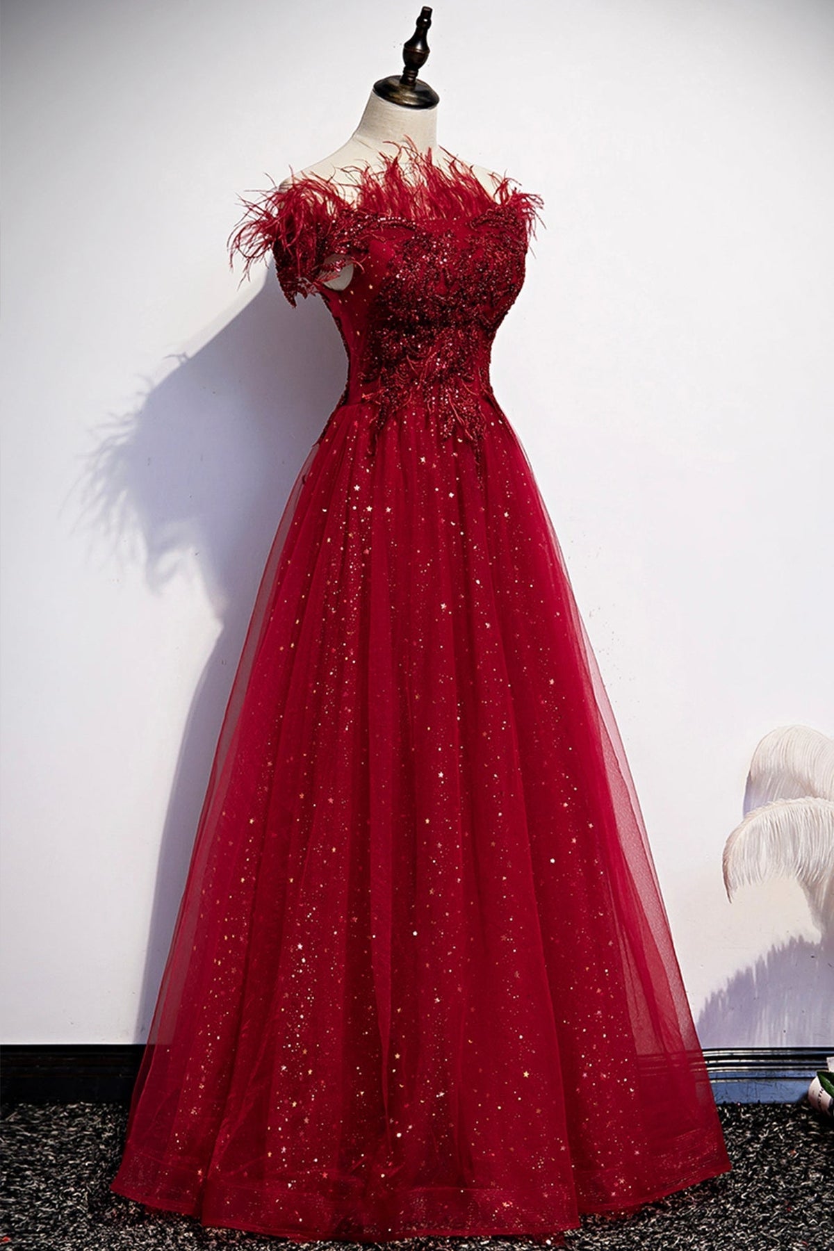 Burgundy tulle sequins long A line prom dress evening dress s69 - View 2 | VelvetHem