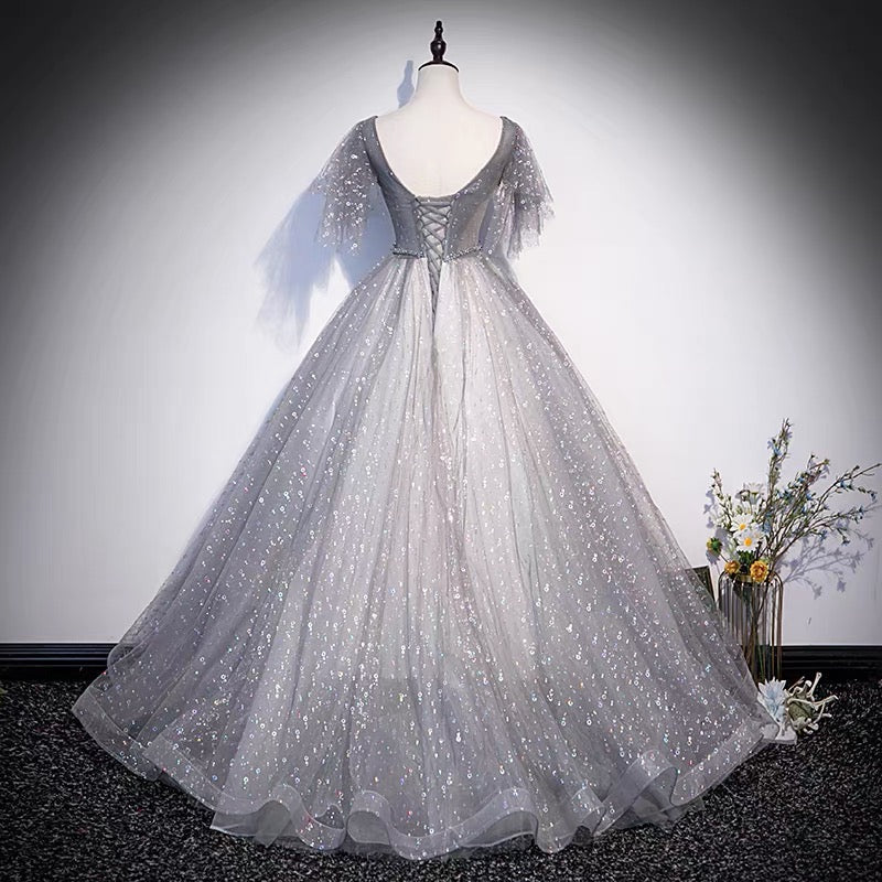 Gray tulle sequins long prom dress A line evening gown s65 - View 4 | VelvetHem