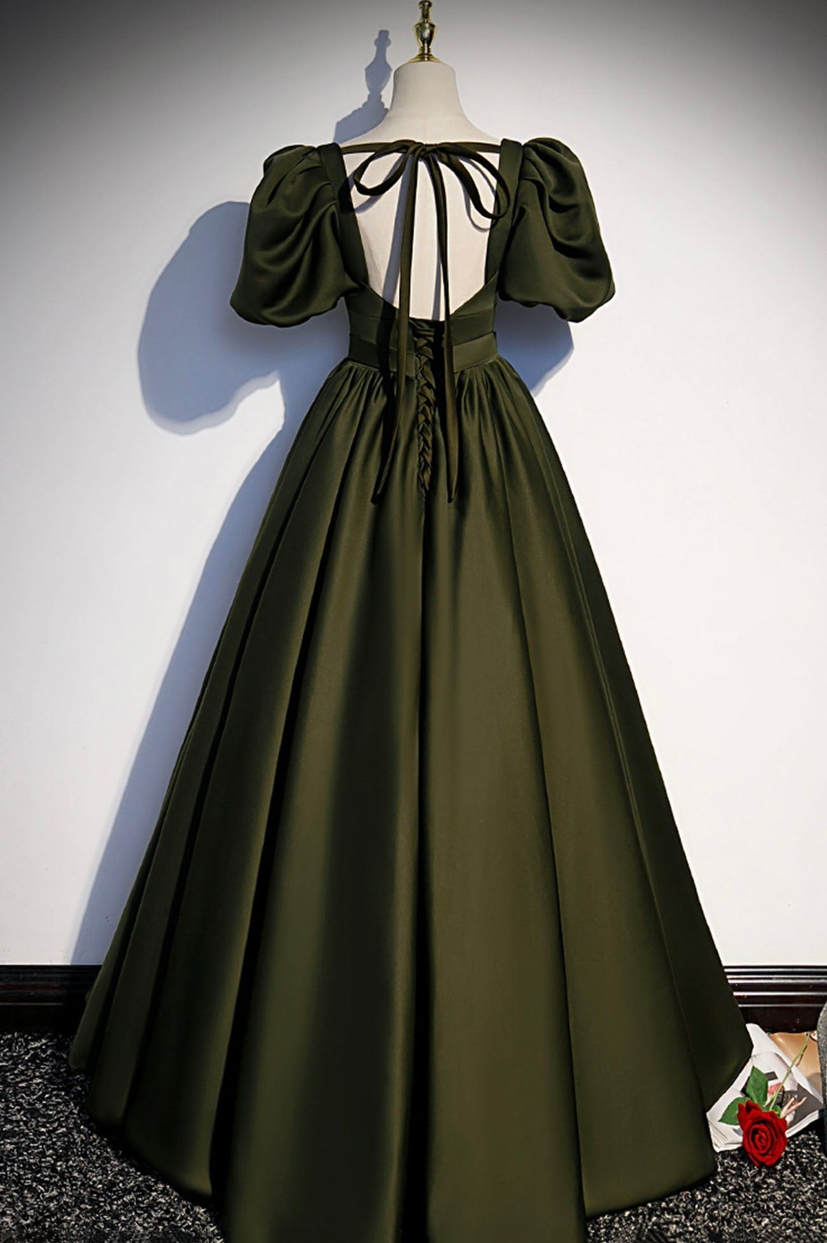 Green satin long prom dress A-line evening dress s87 - View 3 | VelvetHem