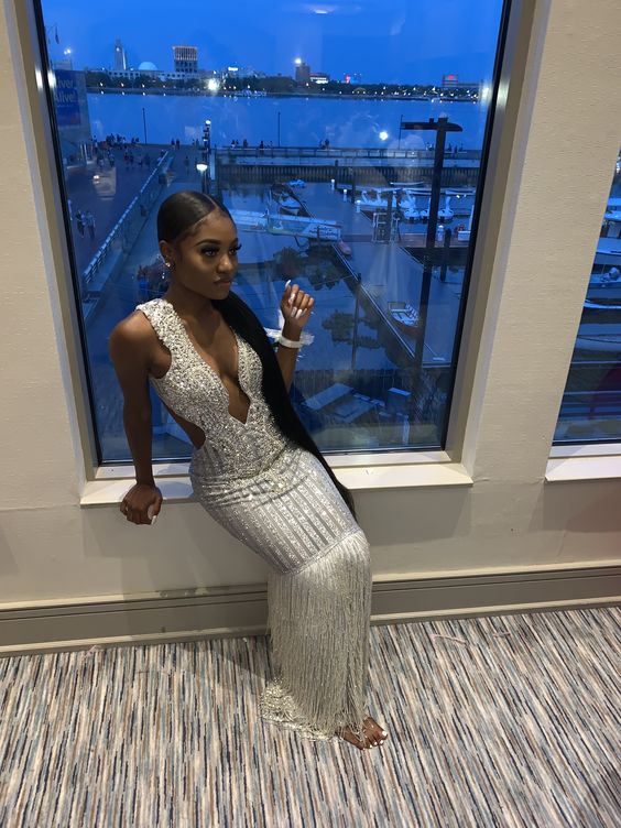 Black Girl Silver Luxurious Evening Dress Charming Mermaid Prom Dress - FashionDia
