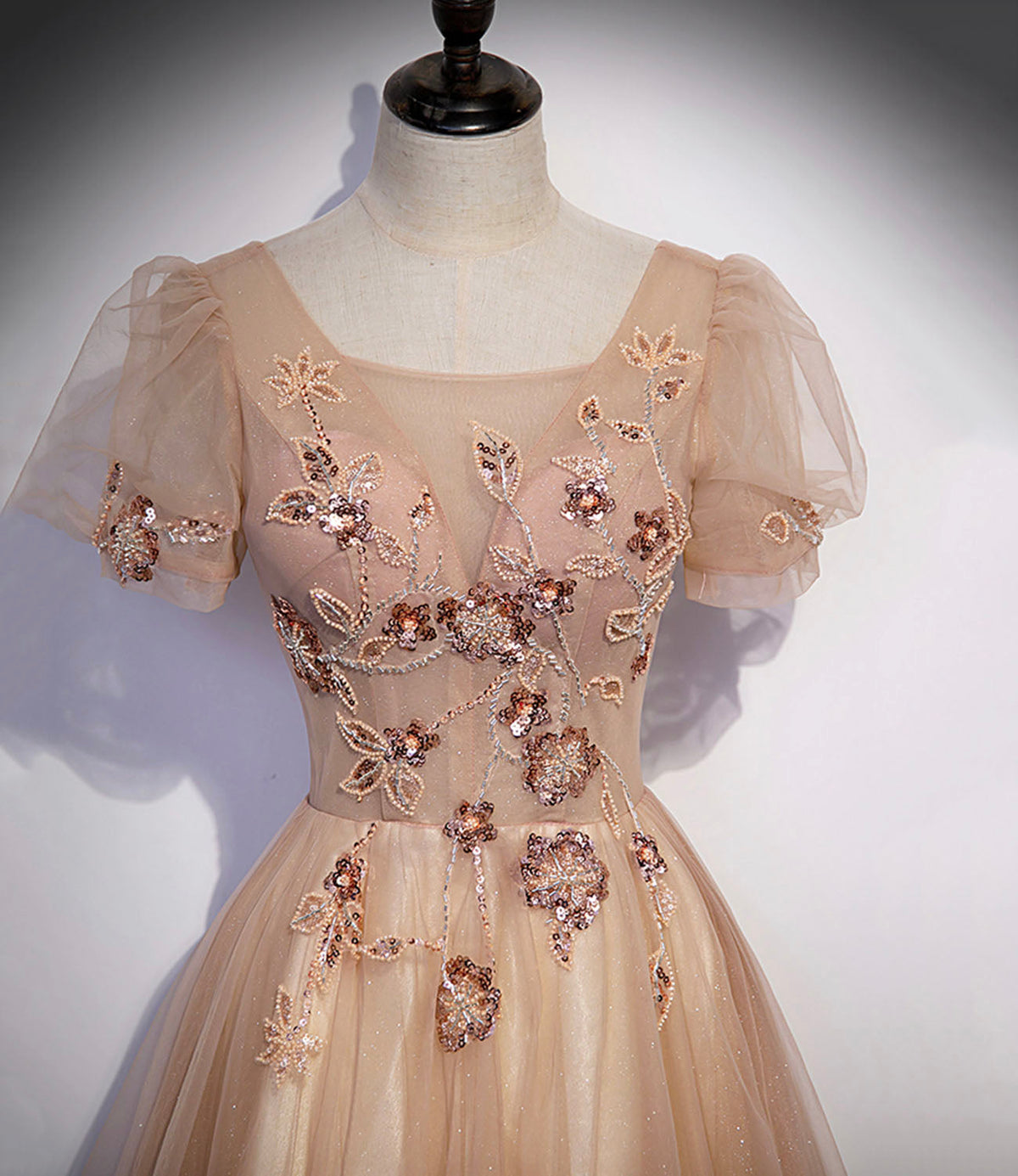 Cute tulle beads long prom dress A line evening gown s63 - View 4 | VelvetHem