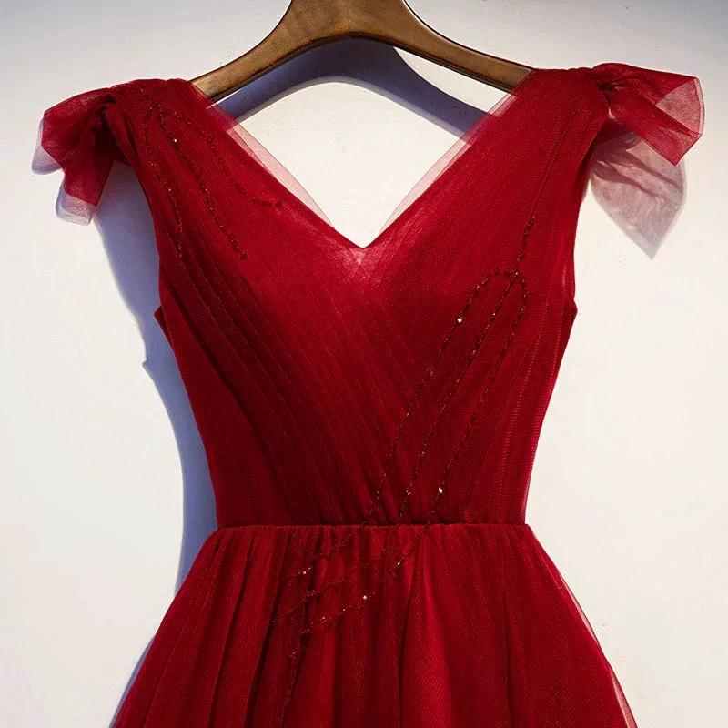 Burgundy v neck tulle short homecoming dress s95 (ZD12609)