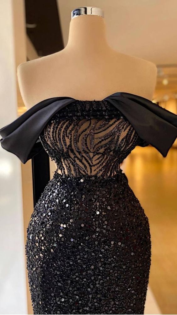 Off-the-Shoulder Glitter Black Evening Dress Sleeveless Glitter Long Mermaid Evening Dress - FashionDia