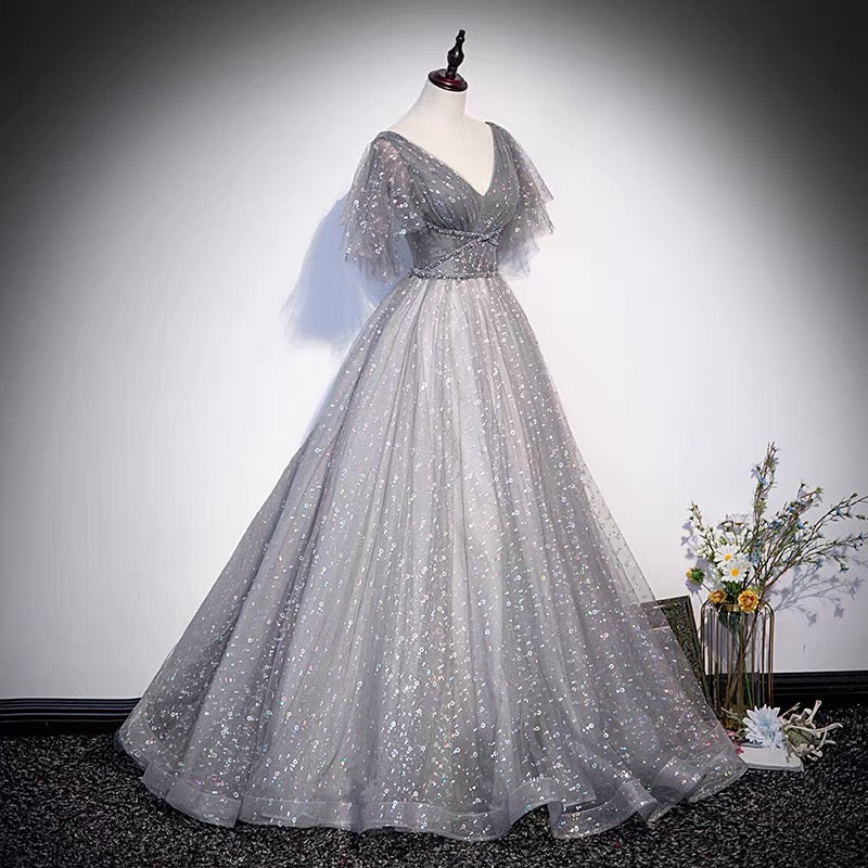 Gray tulle sequins long prom dress A line evening gown s65 - View 2 | VelvetHem