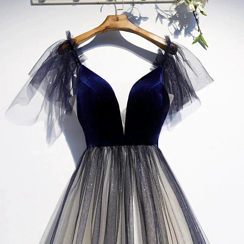 Blue v neck velvet top tulle short homecoming dress s98 (ZD12612)