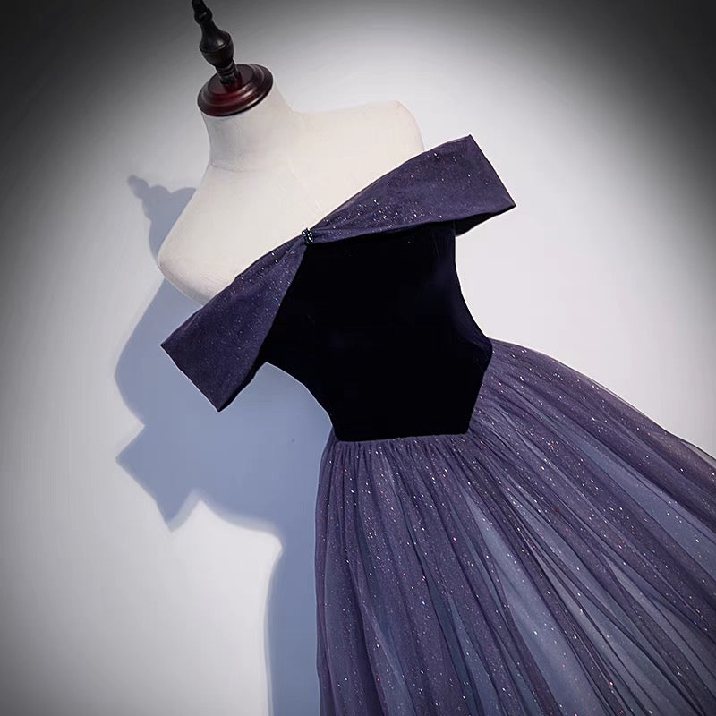Purple tulle long prom dress A line evening gown s66 - View 2 | VelvetHem