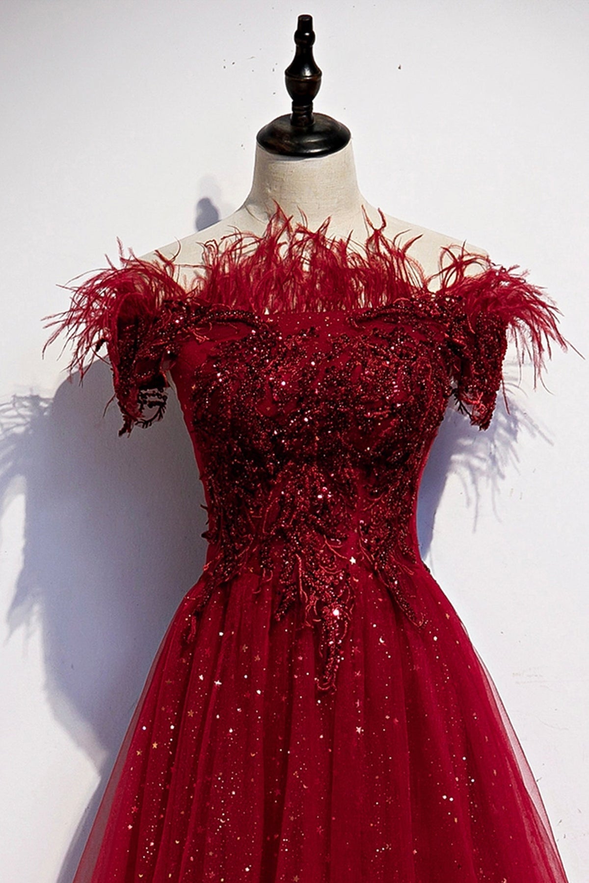 Burgundy tulle sequins long A line prom dress evening dress s69 - View 4 | VelvetHem