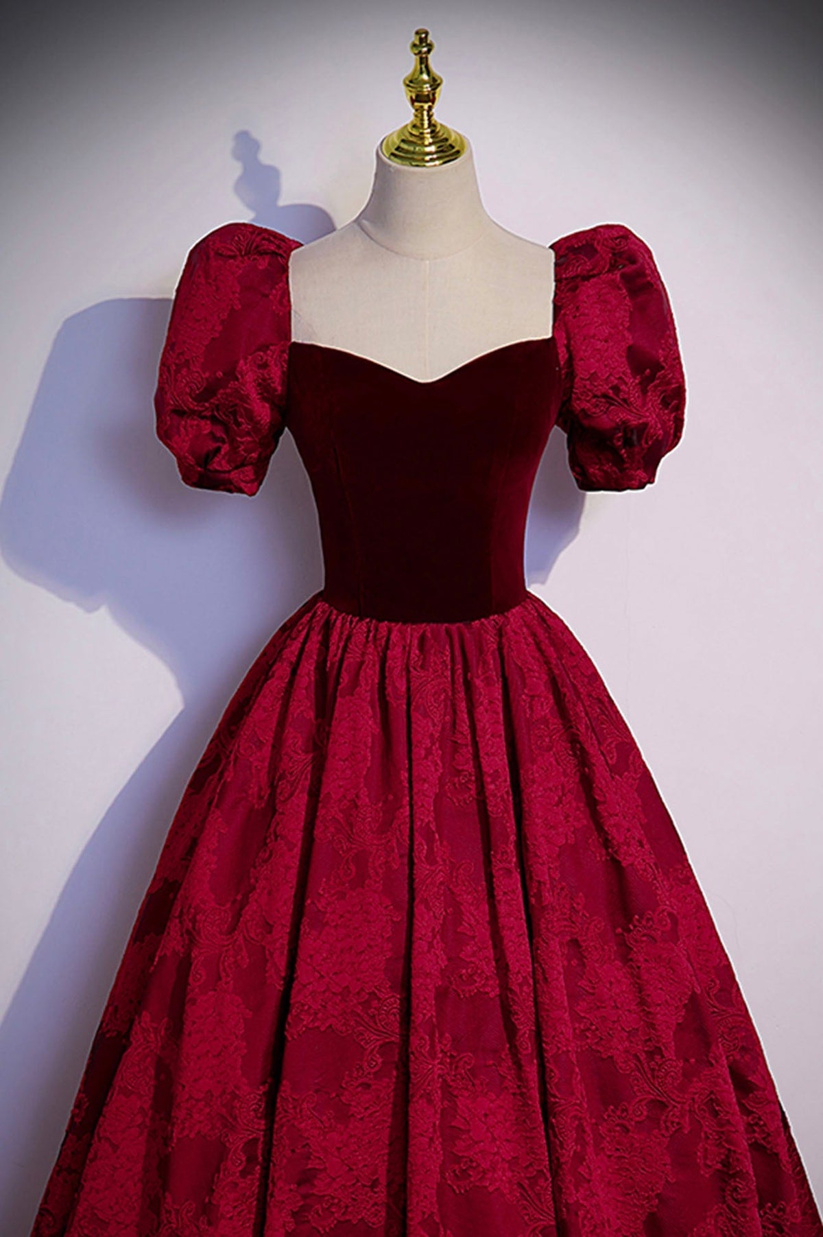 Burgundy velvet jacquard long prom dress evening dress s89 - View 3 | VelvetHem