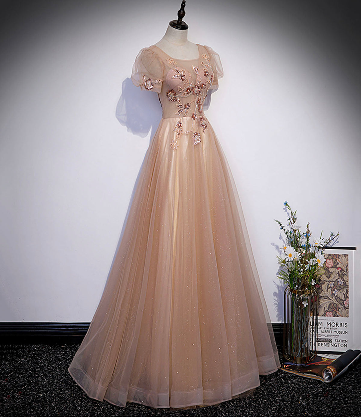 Cute tulle beads long prom dress A line evening gown s63 - View 2 | VelvetHem