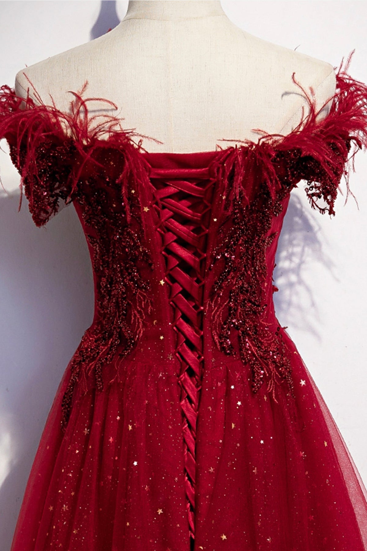 Burgundy tulle sequins long A line prom dress evening dress s69 - View 3 | VelvetHem