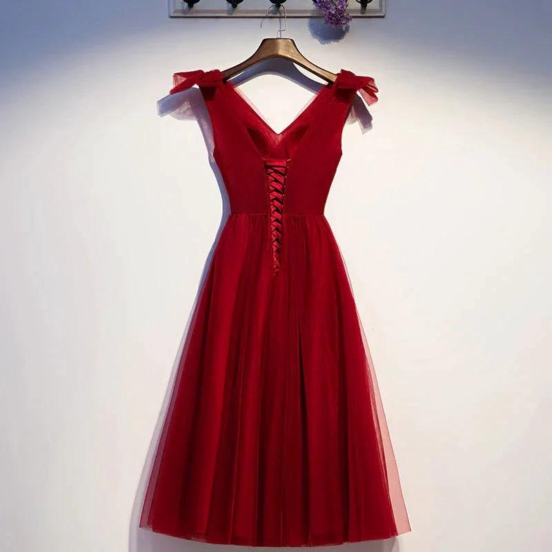 Burgundy v neck tulle short homecoming dress s95 (ZD12609)