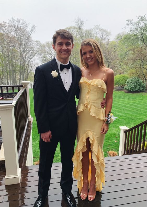 Yellow Satin Long Prom Dress With Ruffles Mermaid Evening Dress - View 2 | FashionDia