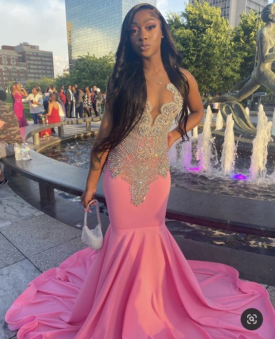 Pink Mermaid Long Prom Dress With Beaded Elegant Evening Dress Black Girls Prom