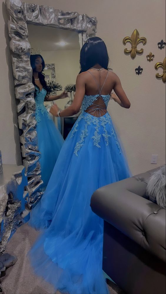 A-line Blue Tulle Lace Prom Dress Graduation Dress