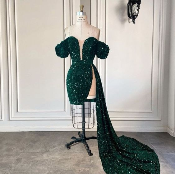 Green sequins short party dress, birthday dress with train