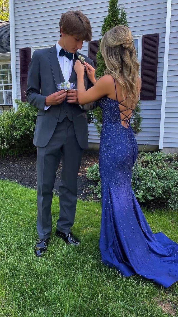 Charming Mermaid Navy Blue Long Prom Dresses,Lace-up Back Evening Dress Y1618 - VelvetHem