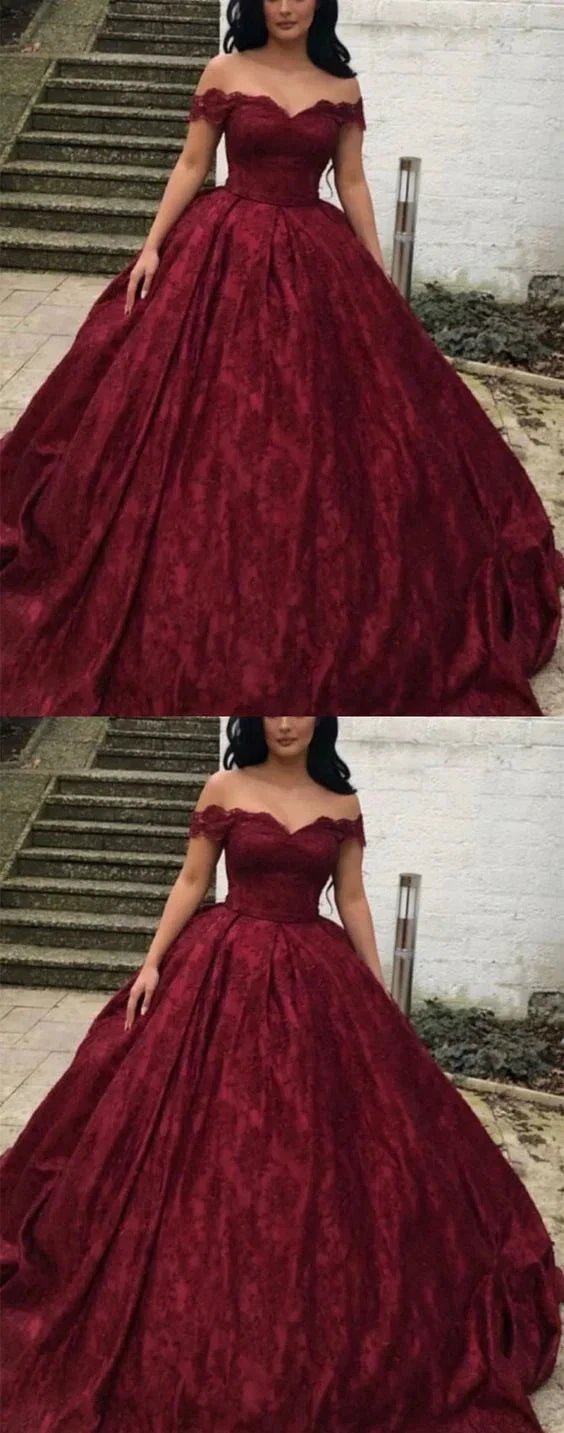 Charming Burgundy Lace Ball Gown Off Shoulder Wedding Dresses (ZD13608)