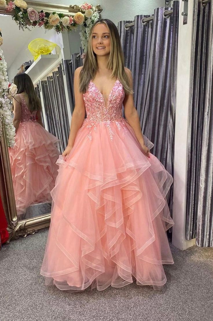 Pink V-Neck Lace Long Prom Dresses, A-Line Pink Evening Dresses Y1885 - VelvetHem