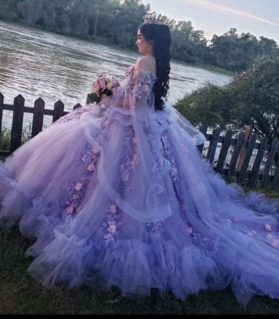 Light Purple Tulle Floral Appliques Ball Gown Luxurious Sweet 16 Dress Quinceanera Dress - View 2 | FashionDia