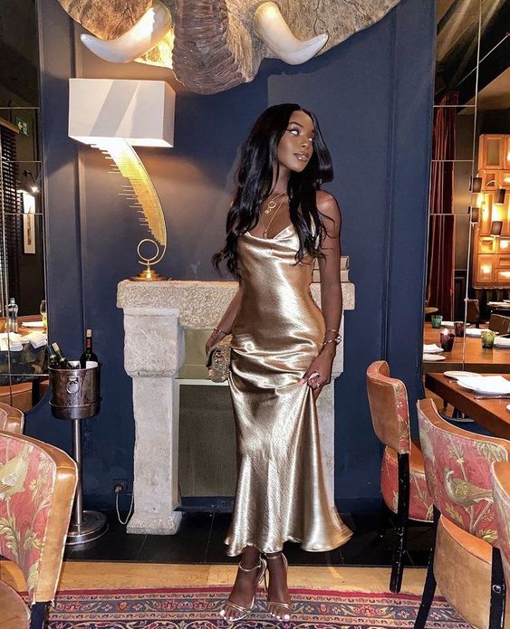 Mermaid Spaghetti Straps Long Prom Dress Gold Charming Evening Dress Black Girls Prom Dress - View 8 | FashionDia