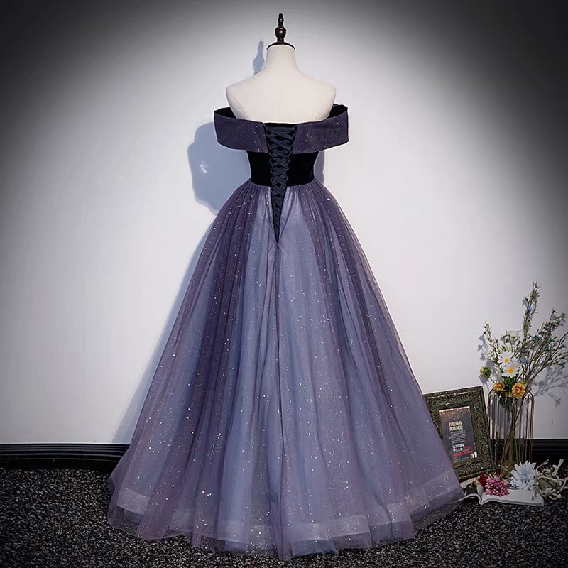 Purple tulle long prom dress A line evening gown s66 - View 5 | VelvetHem