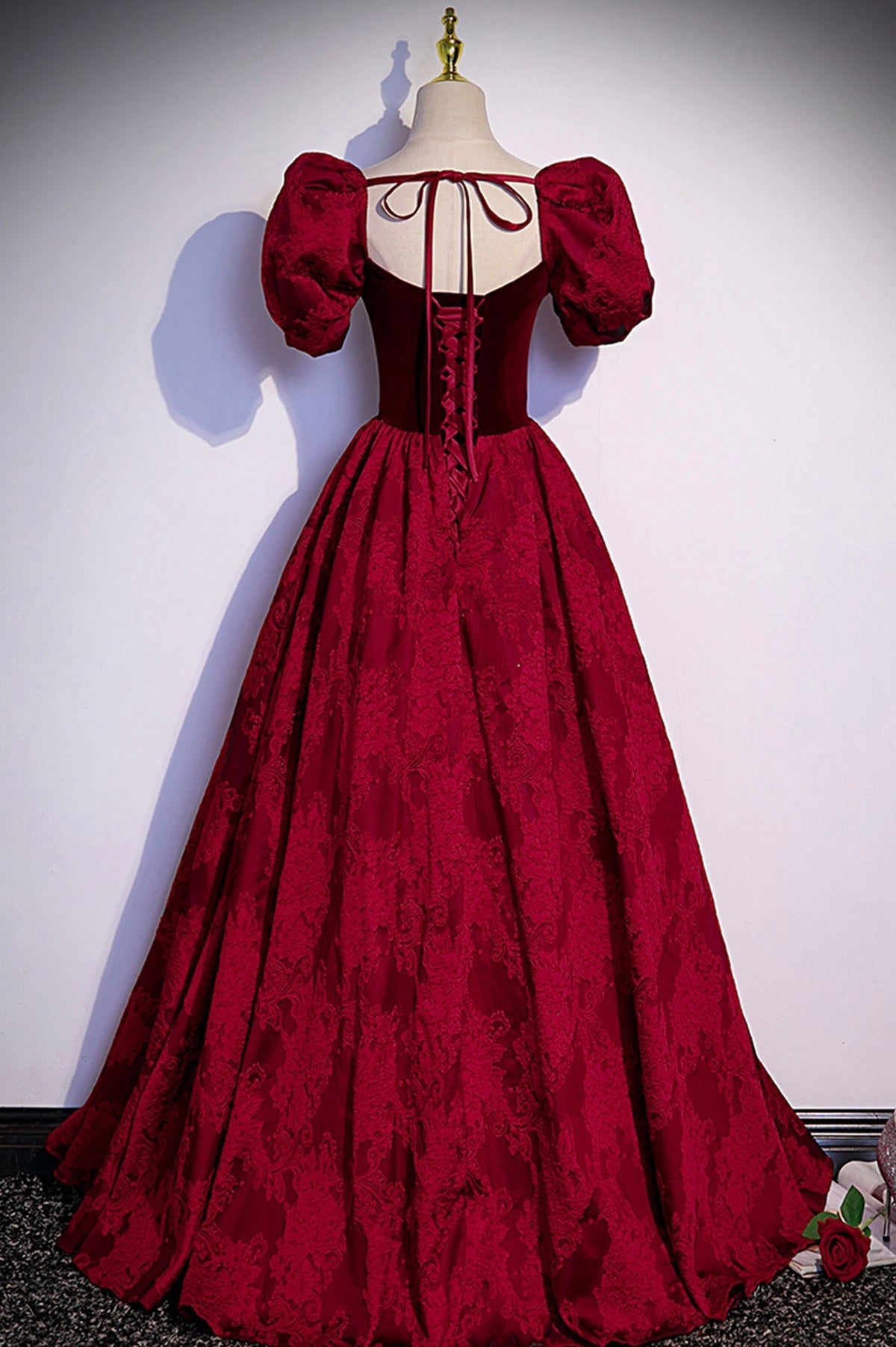 Burgundy velvet jacquard long prom dress evening dress s89 - View 5 | VelvetHem