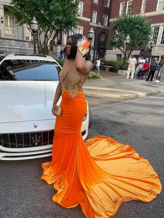 Orange Velvet Mermaid Prom Dress Sexy Evening Dress - View 2 | FashionDia