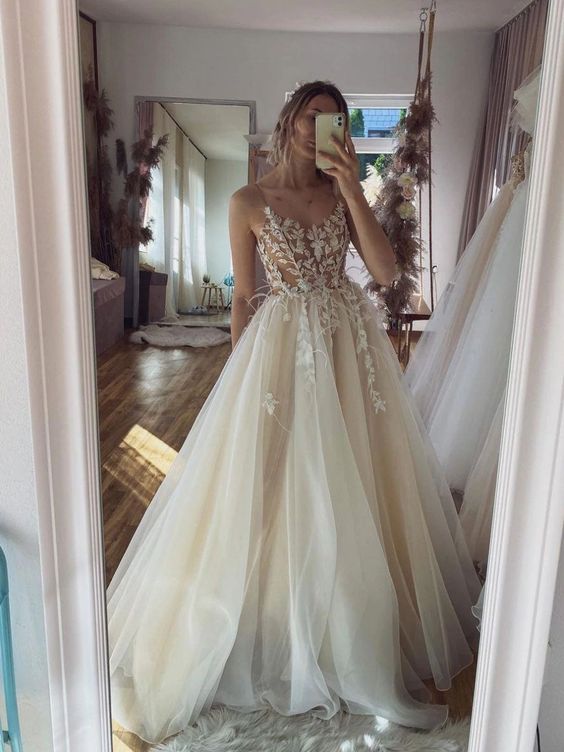 Champagne tulle lace long prom dress, champagne evening dress - FashionDia