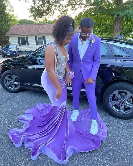 Purple Velvet Mermaid Long Prom Dress Charming Evening Dress - FashionDia