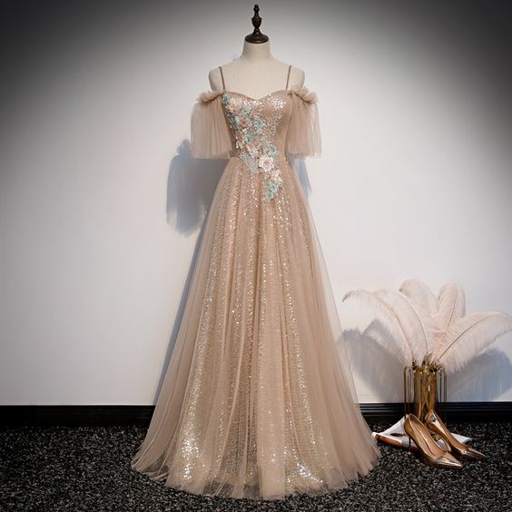 Champagne sequins tulle prom dress formal dress - FashionDia
