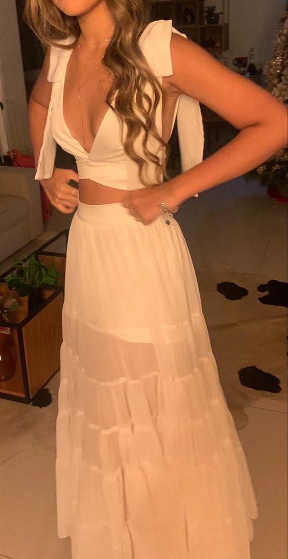 Charming Two Piece White Evening Dress White Wedding Guest Dress Y1326 - VelvetHem
