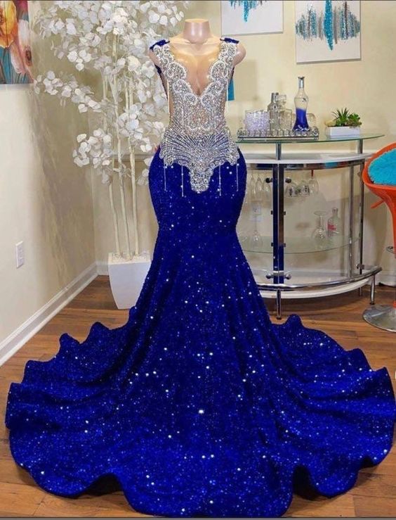 Royal blue prom dresses, crystal prom dresses, beaded prom dresses, mermaid evening dresses, sequins party dresses, mermaid evening gowns Y1595 - View 2 | VelvetHem