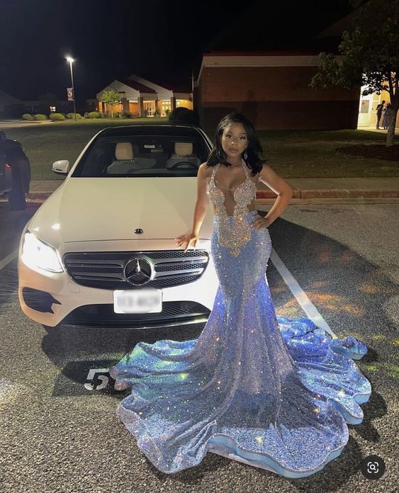 Sparkly Mermaid Blue Sequins Evening Dresses For Black Girls Y1632 - View 2 | VelvetHem