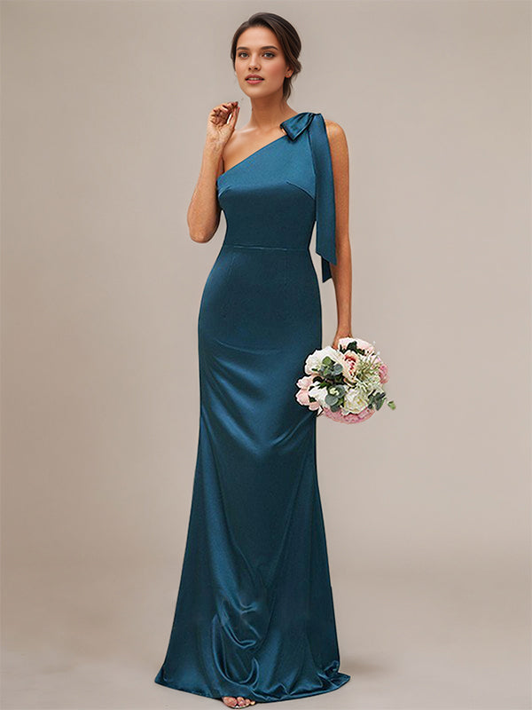 Ink Blue Sheath/Column Satin Bowknot One-Shoulder Sleeveless Floor-Length Bridesmaid Dresses