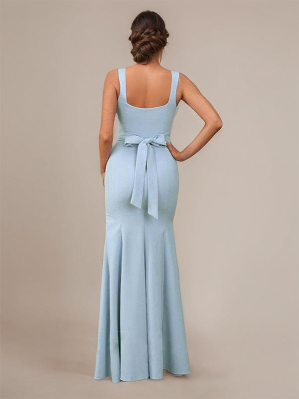 Sky Blue Sheath/Column Square Neck Sleeveless Floor Length Chiffon Bridesmaid Dress
