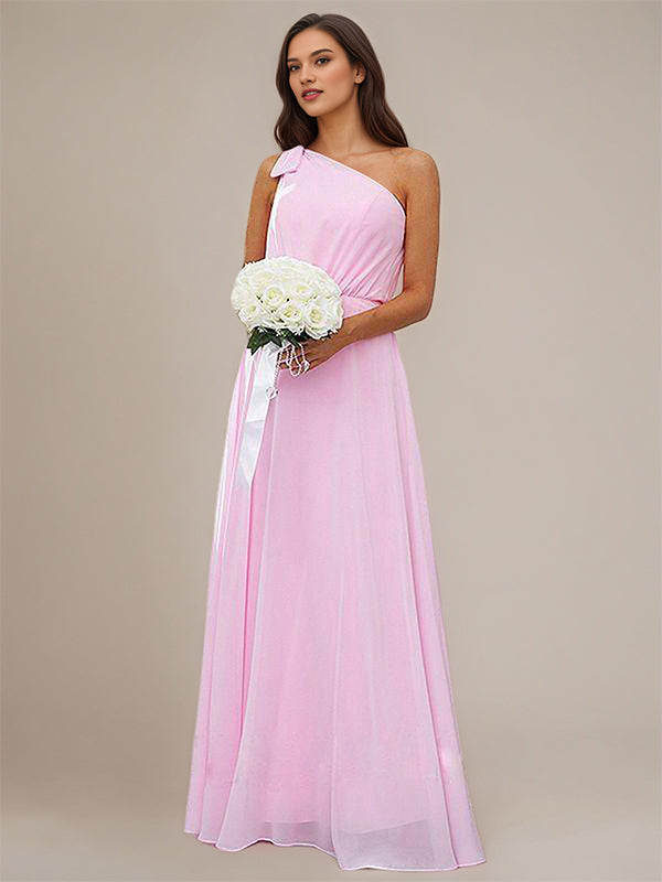 Pink A-Line Chiffon Bowknot One Shoulder Sleeveless Floor-Length Bridesmaid Dresses