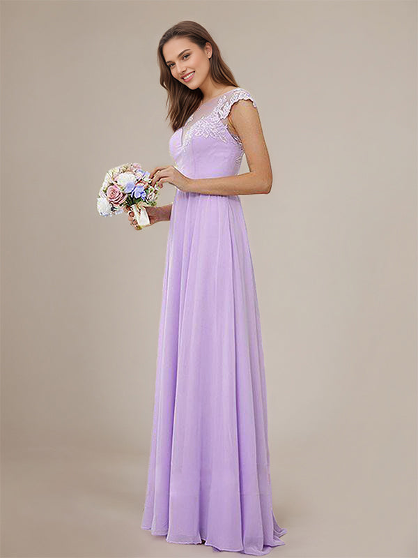 Lilac A-Line Chiffon Applique Scoop Short Sleeves Floor-Length Bridesmaid Dresses