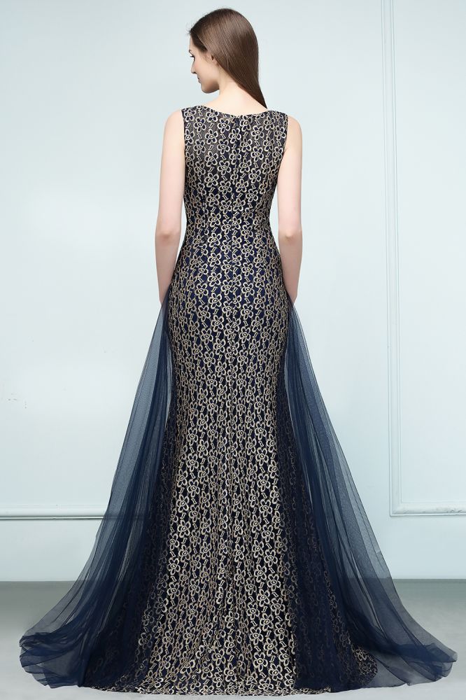 Floor Length Gold Mermaid Sleevless Crew Lace Prom Dresses - View 2 | VelvetHem