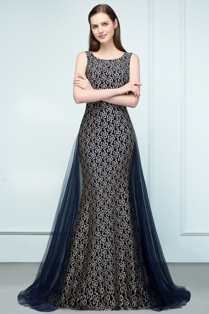 Floor Length Gold Mermaid Sleevless Crew Lace Prom Dresses - View 4 | VelvetHem