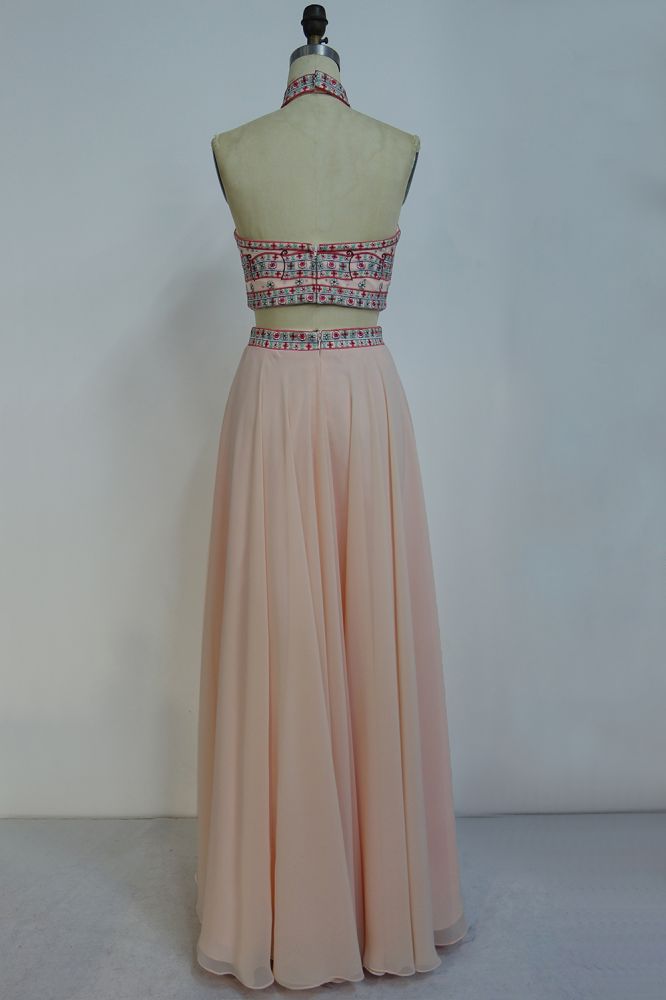 Floor Length Halter A-line Two-piece Chiffon Appliques Prom Dresses - View 2 | VelvetHem