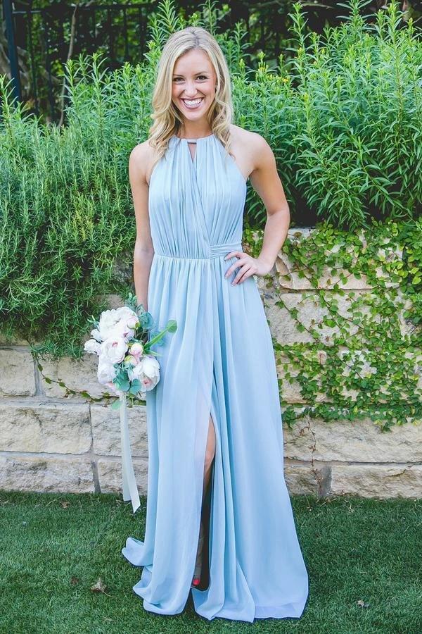Floor-Length High Split Blue Chiffon Sleeveless Bridesmaid Dress (ZD13216)