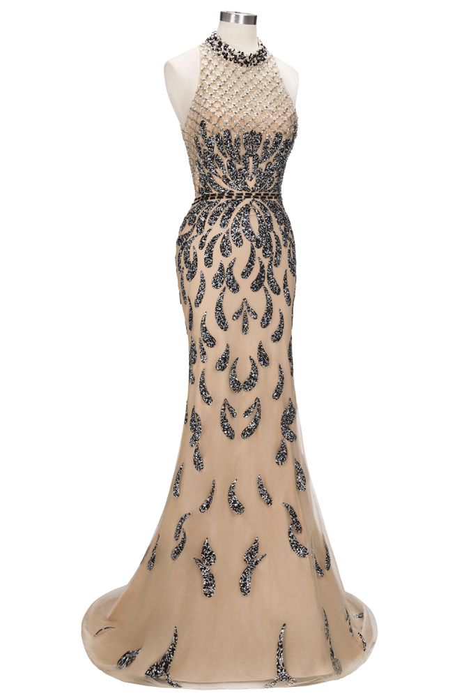 Floor Length Mermaid Halter Sequined Patterns Prom Dresses - View 3 | VelvetHem