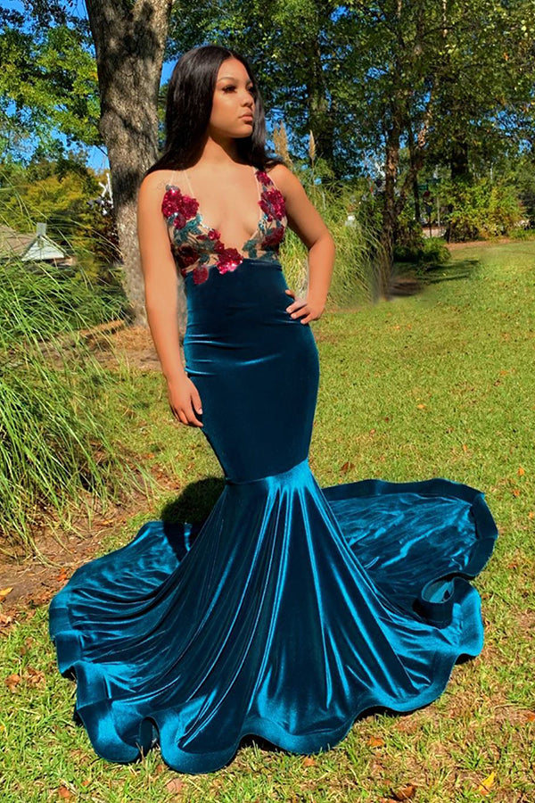 Floral Appliques Deep V-Neck Sleeveless Sweep Train Mermaid Prom Dresses