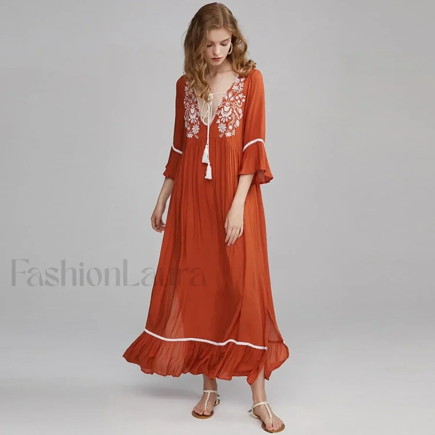 Floral Flare-Sleeve Boho Dress
