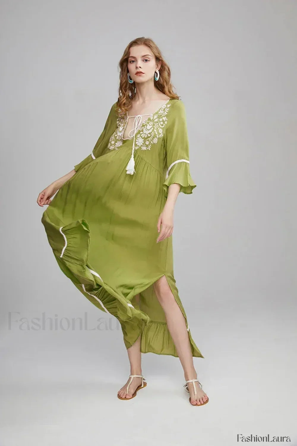 Floral Flare-Sleeve Boho Dress