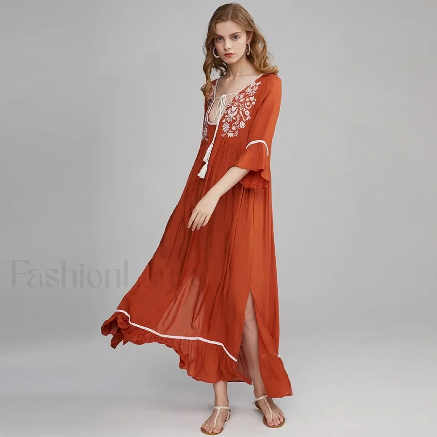 Floral Flare-Sleeve Boho Dress